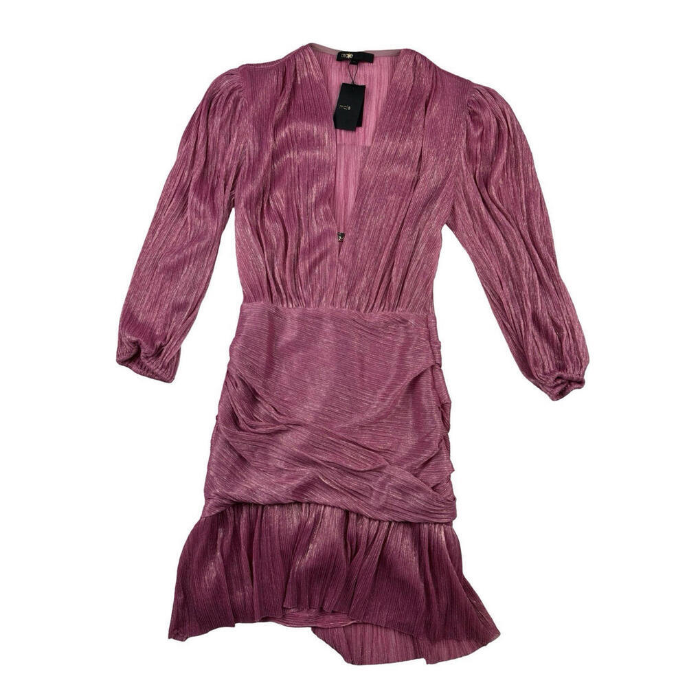 Maje Rusalia Metallic Ruched Mini Dress Rose Pink Size 34 | XS
